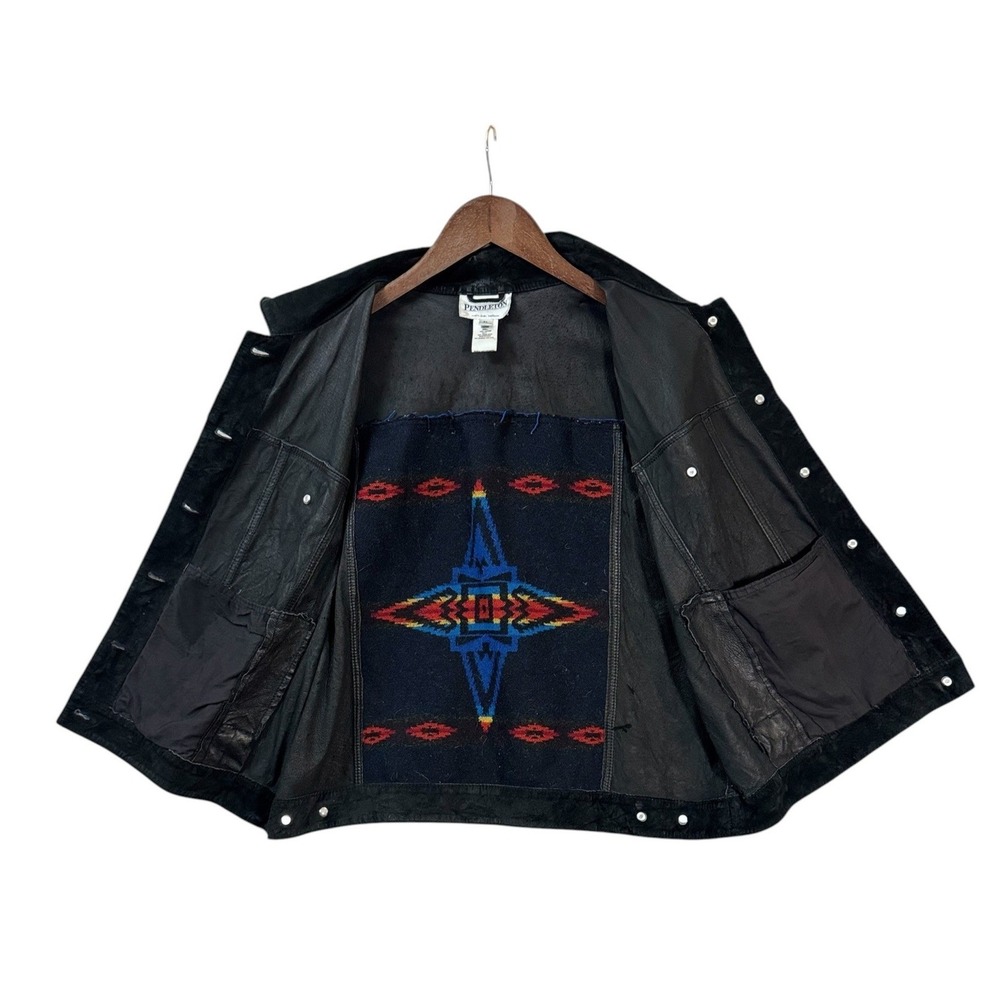Pendleton Womens Leather Vest XL Black Wool Southwestern Native Aztec Ranch Boho - Picture 4 of 8